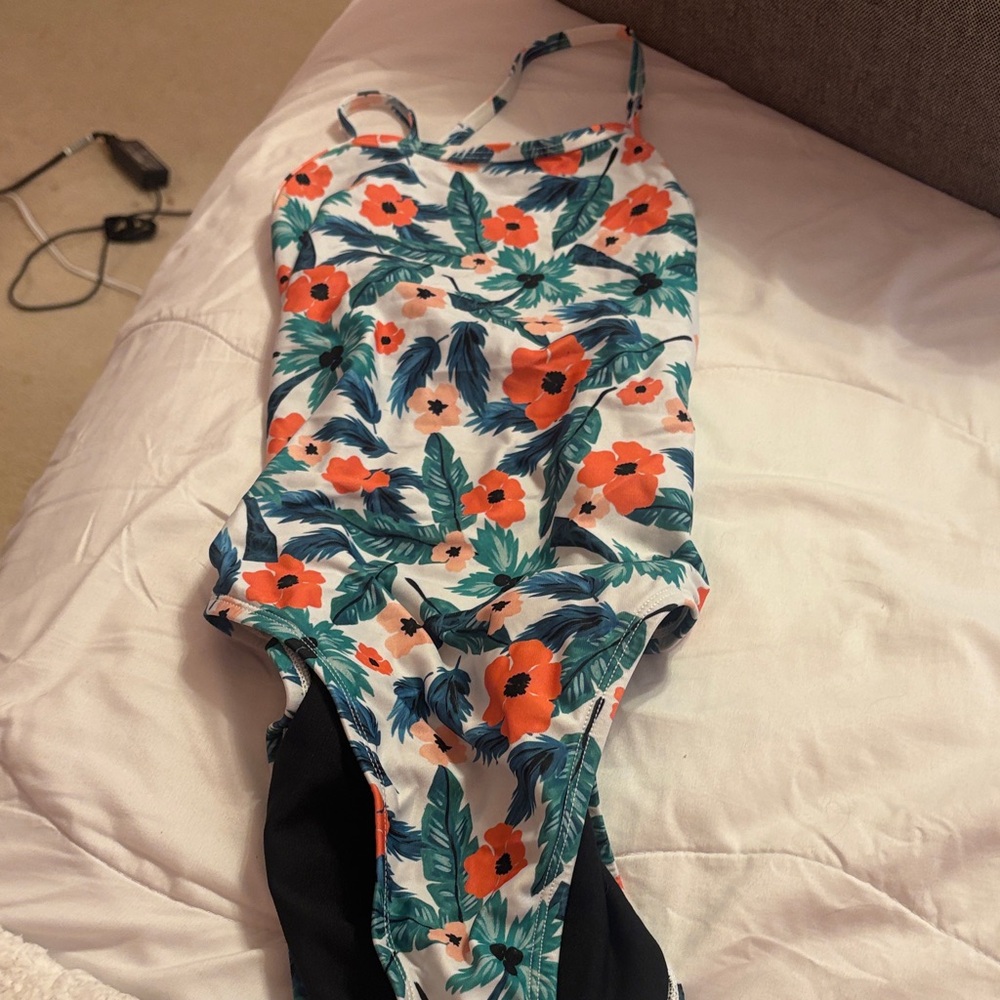 Jolyn Clothing White One-Piece with Orange Floral & Green Leaf Print